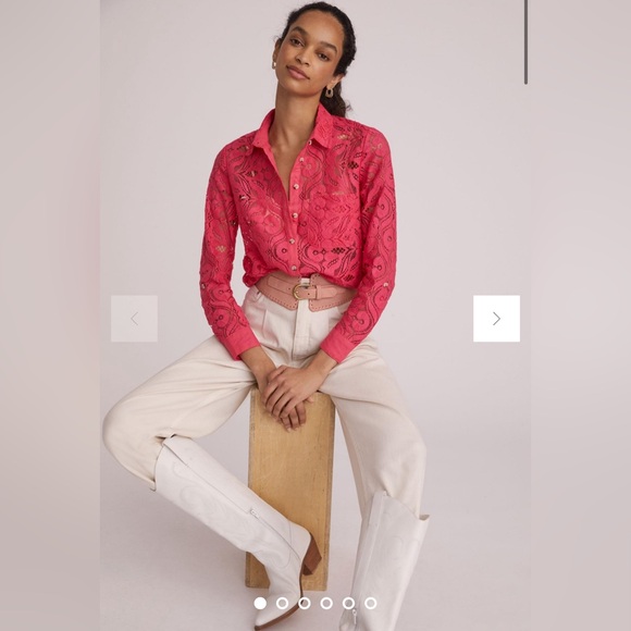 Anthropologie Tops - Maeve by Anthropologie Pink Rose Floral Lace Button Down Top